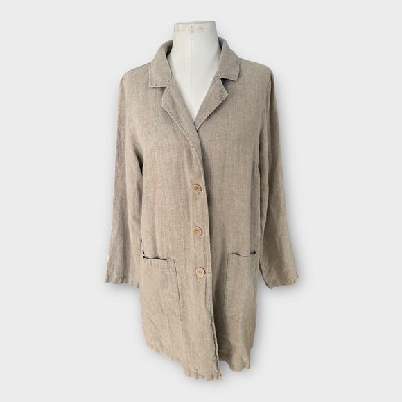 FLAX Long Linen Jacket Duster Natural Beige Women's Small Minimalist Lagenlook - Picture 1 of 12